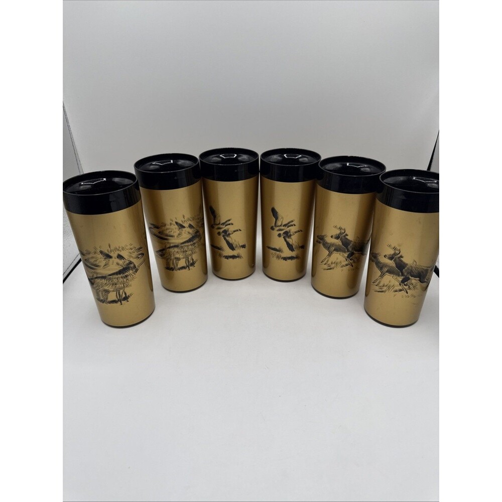 Vintage NFC Thermo Tumblers Set 6 Gold Black Wildlife Deer Fish Geese USA